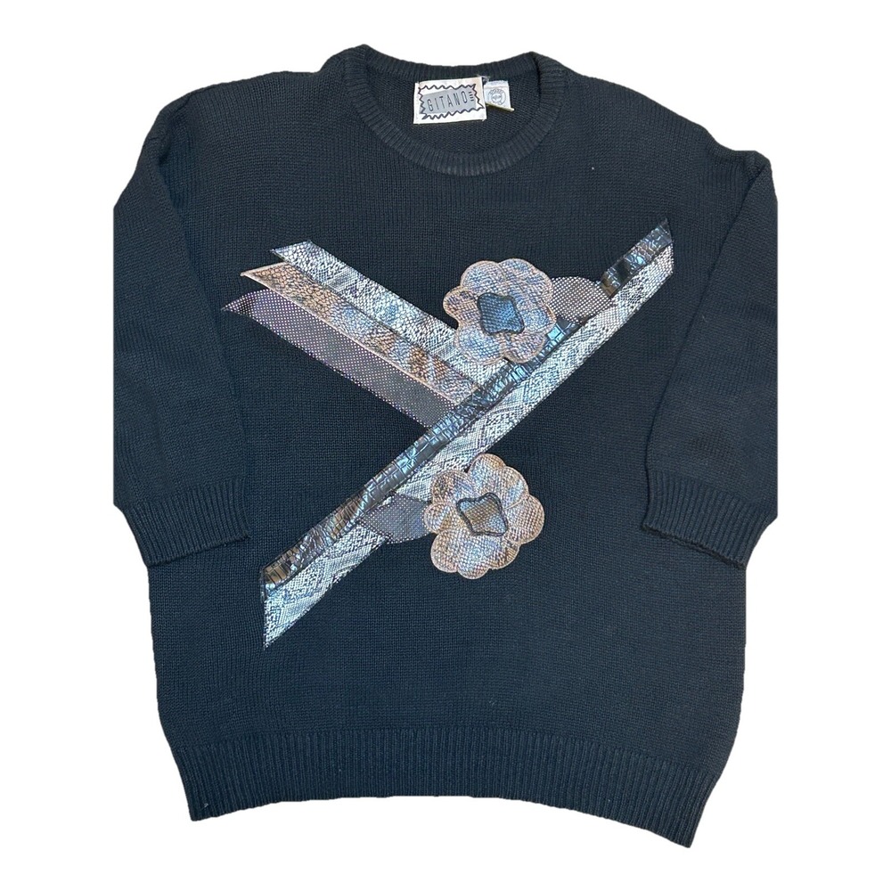Vintage Gitano Plus Black Sweater Metallic Floral Geometric‎ Appliqué 3/4 Sleeve